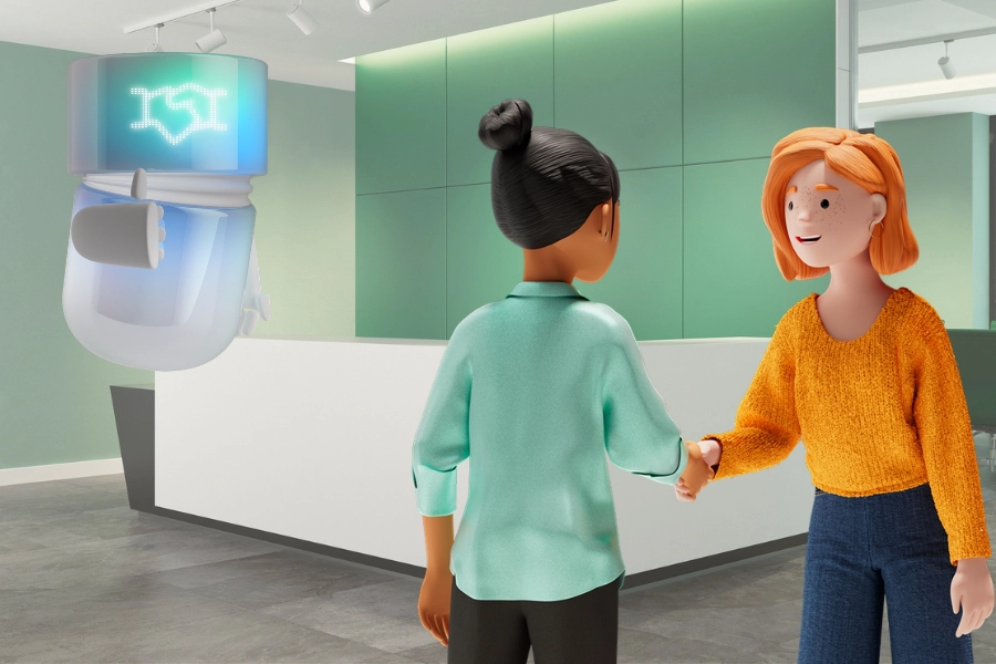 Vicky Valetti, Sales Managerin und Kundenberaterin, begrüsst Lena Meier, treue Kundin, persönlich in einer modernen Bankfiliale, nachdem der BSI Sales Agent auf Wunsch den Kontakt zwischen ihnen hergestellt hat.