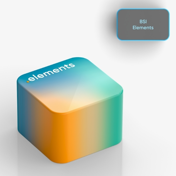 Visualisation d’un cube coloré avec l’inscription "BSI Elements" et un dégradé de bleu, orange et vert ; un bouton gris clair "BSI Elements" est visible en haut à droite.