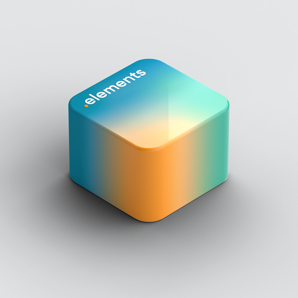 Cube-shaped object with color gradient in blue, turquoise and orange as well as the lettering “.elements” - modern 3D design element on a light background.
