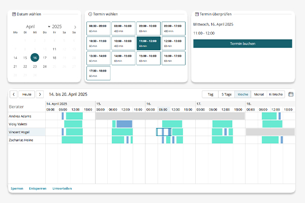 Planning view for video consulting in the BSI Customer Suite - calendar and time slot selection for booking appointments with consultants including availability overview.