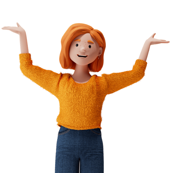 Illustration of customer Lena wearing an orange sweater and jeans, arms raised – the friendly character represents BSI’s “Customer first” approach.
