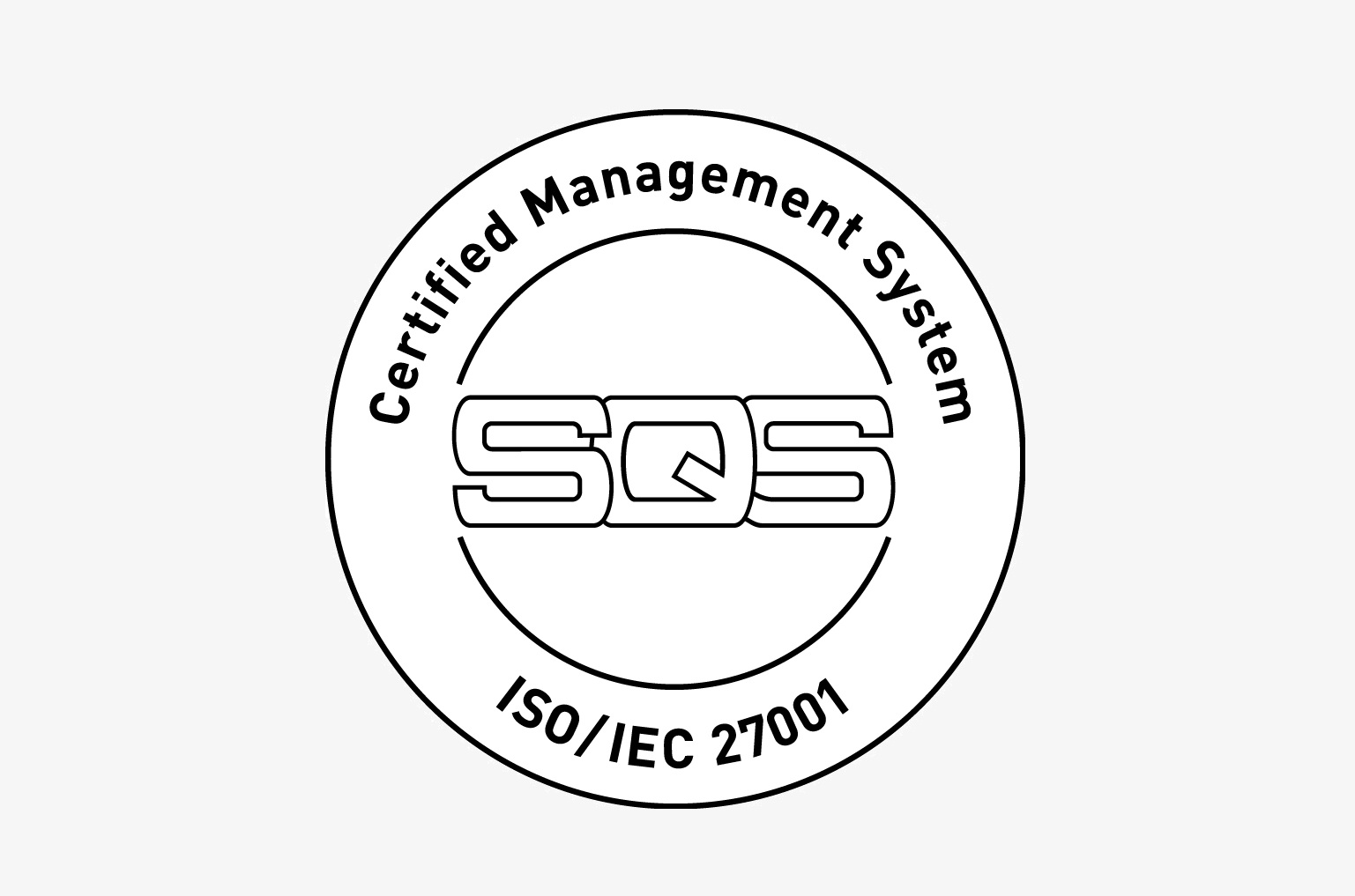 SQS certification seal displaying the text “Certified Management System ISO/IEC 27001,” representing compliance with international information security management standards.