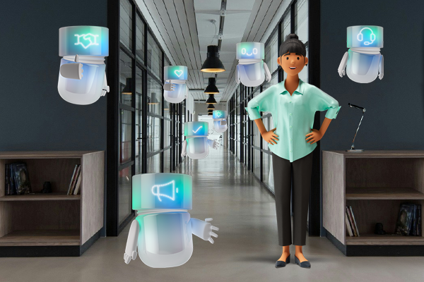 Vicky stands in a modern office hallway, surrounded by several glowing AI Agents representing different functions and tasks.
