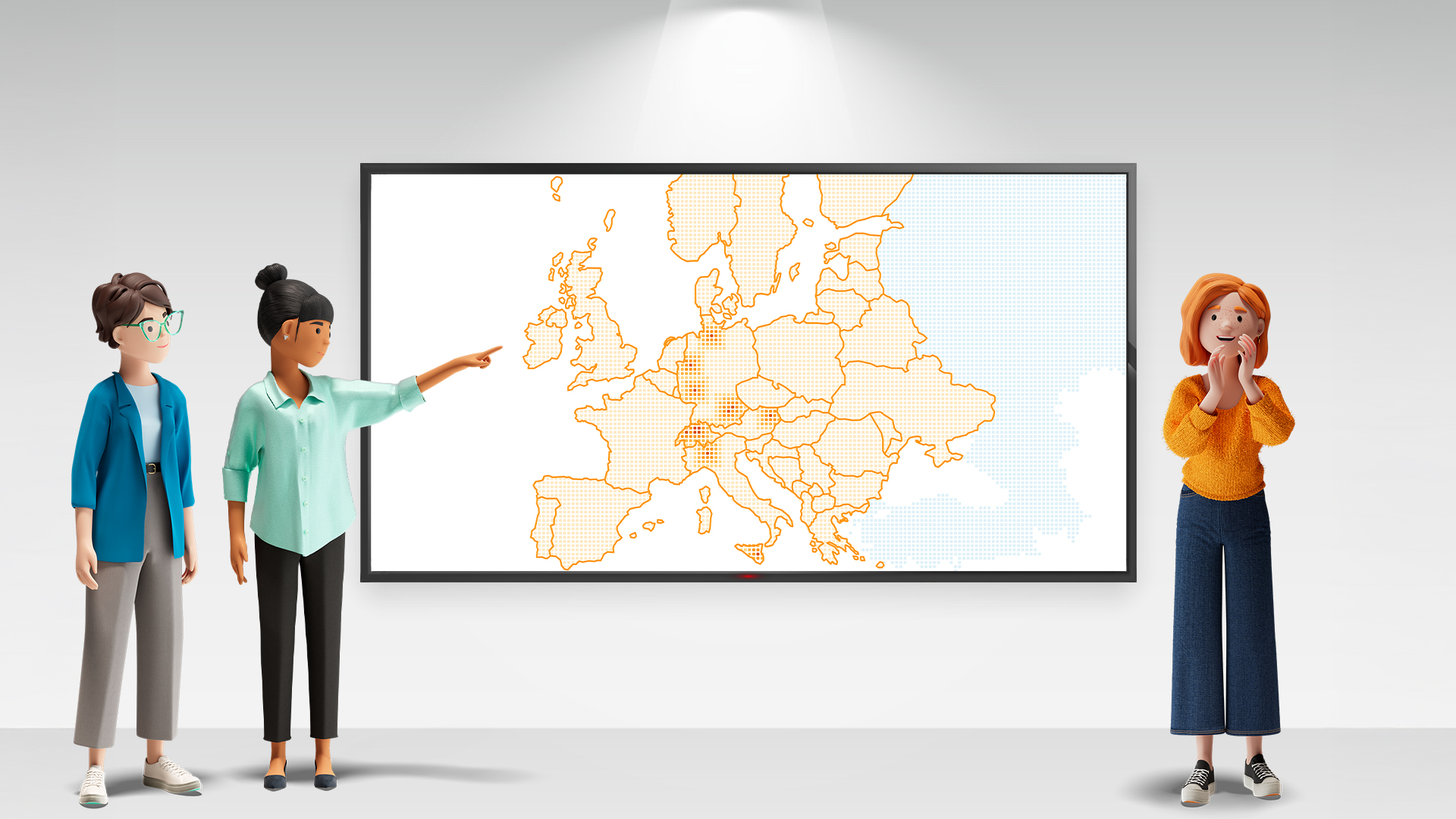 Three animated characters in front of a lit-up map of Europe – one character pointing at the DACH region. Visual highlights the European origin of BSI Customer Suite, the only fully integrated CRM and CX platform with embedded AI, top-level data privacy, and digital sovereignty.