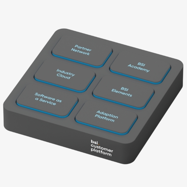 3D-Modell der BSI Customer Platform mit sechs zentralen Bausteinen – «Partner Network», «BSI Academy», «Industry Cloud», «BSI Elements», «Software as a Service» und «Adaption Platform»; veranschaulicht das erweiterbare Ökosystem von BSI für eine nachhaltige, flexible und branchenspezifische Customer Experience.