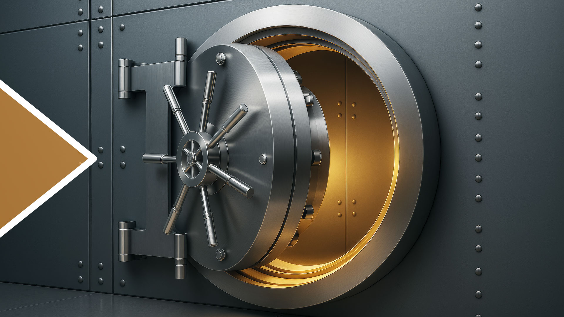 Geöffneter Banktresor mit massivem Stahltürmechanismus und golden beleuchtetem Innenraum. Symbol für Sicherheit, Schutz und finanzielle Werte.