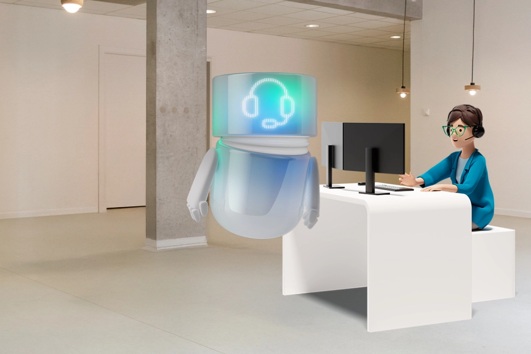 Andrea Adams, a business analyst and enthusiastic BSI Elements user, works at a computer wearing a headset in a modern office. Beside her, the teal Service Agent hovers with a headset icon. The 3D scene represents AI-powered customer service and efficient customer relationship management.