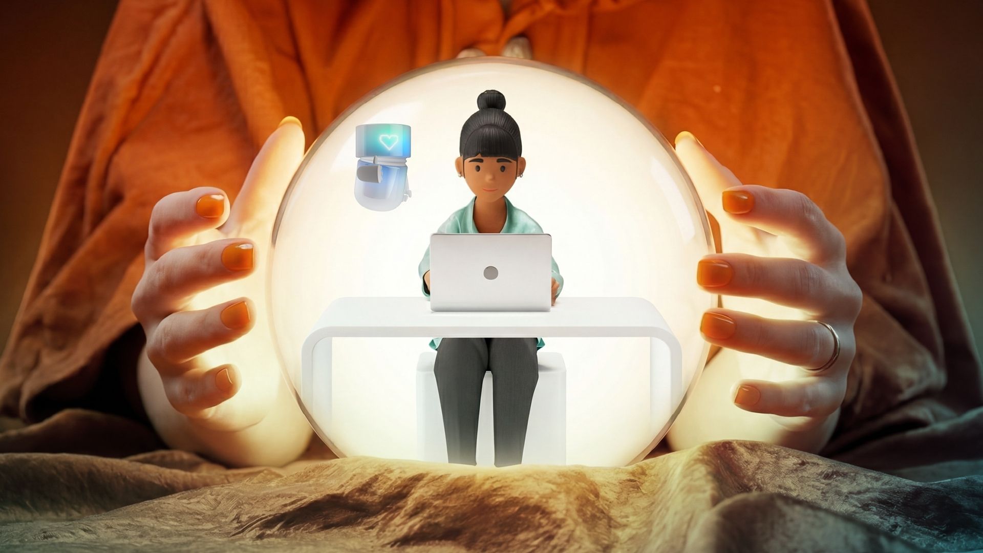 Fortune-telling scene: Inside a glowing crystal ball, Vicky Valetti, Sales Manager and customer consultant, appears next to a BSI AI agent – a vision of her future customer service powered by service automation and the BSI Customer Suite.