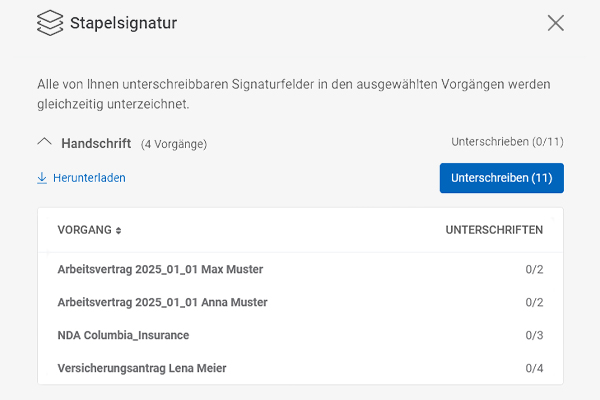 Batch signature in BSI inSign - overview of multiple processes to be signed, including electronic handwritten signatures for contracts and applications.