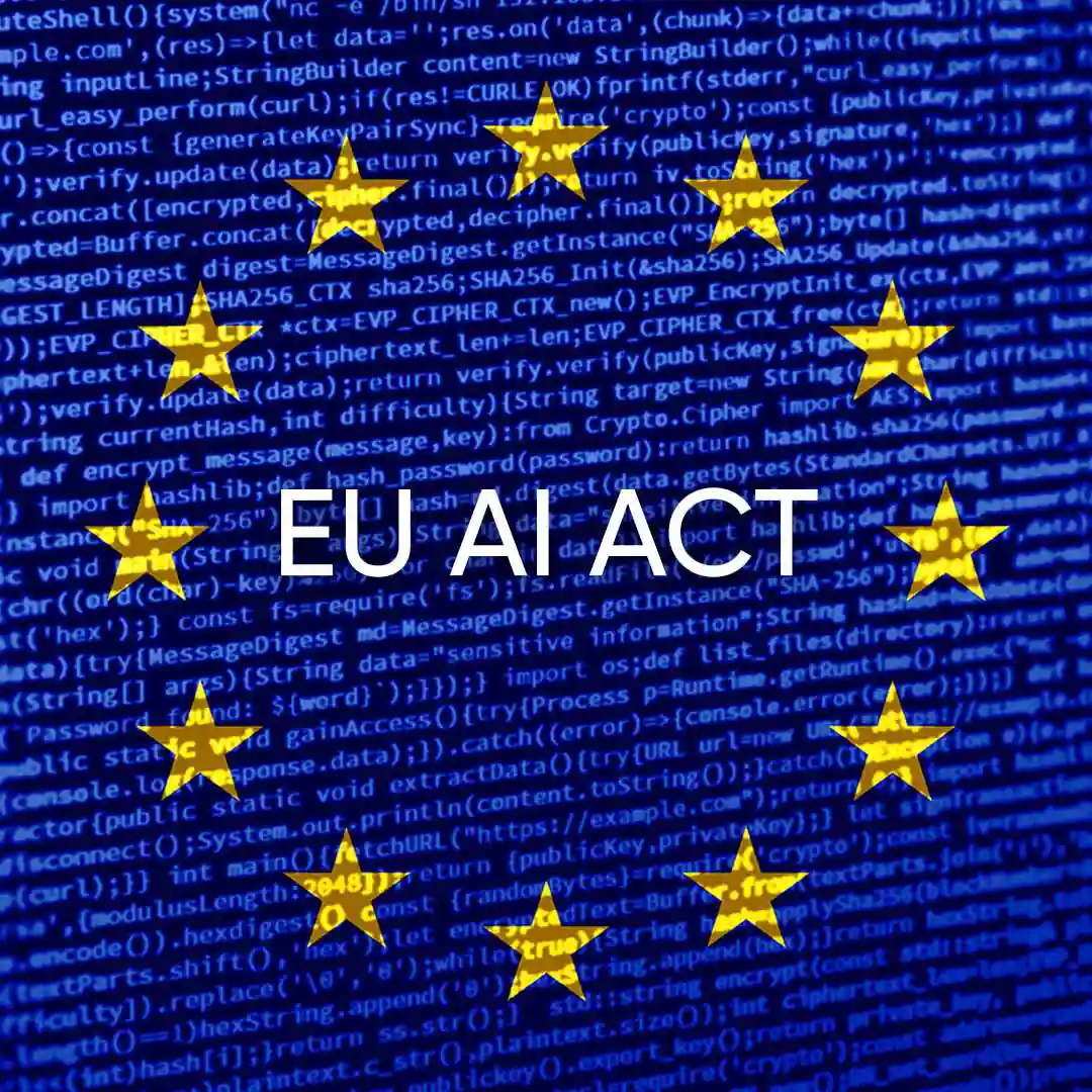 EU AI Act graphic featuring the words “EU AI ACT” over glowing blue programming code, surrounded by twelve yellow EU stars. The image symbolizes European AI regulation, data protection, and compliance in software development.