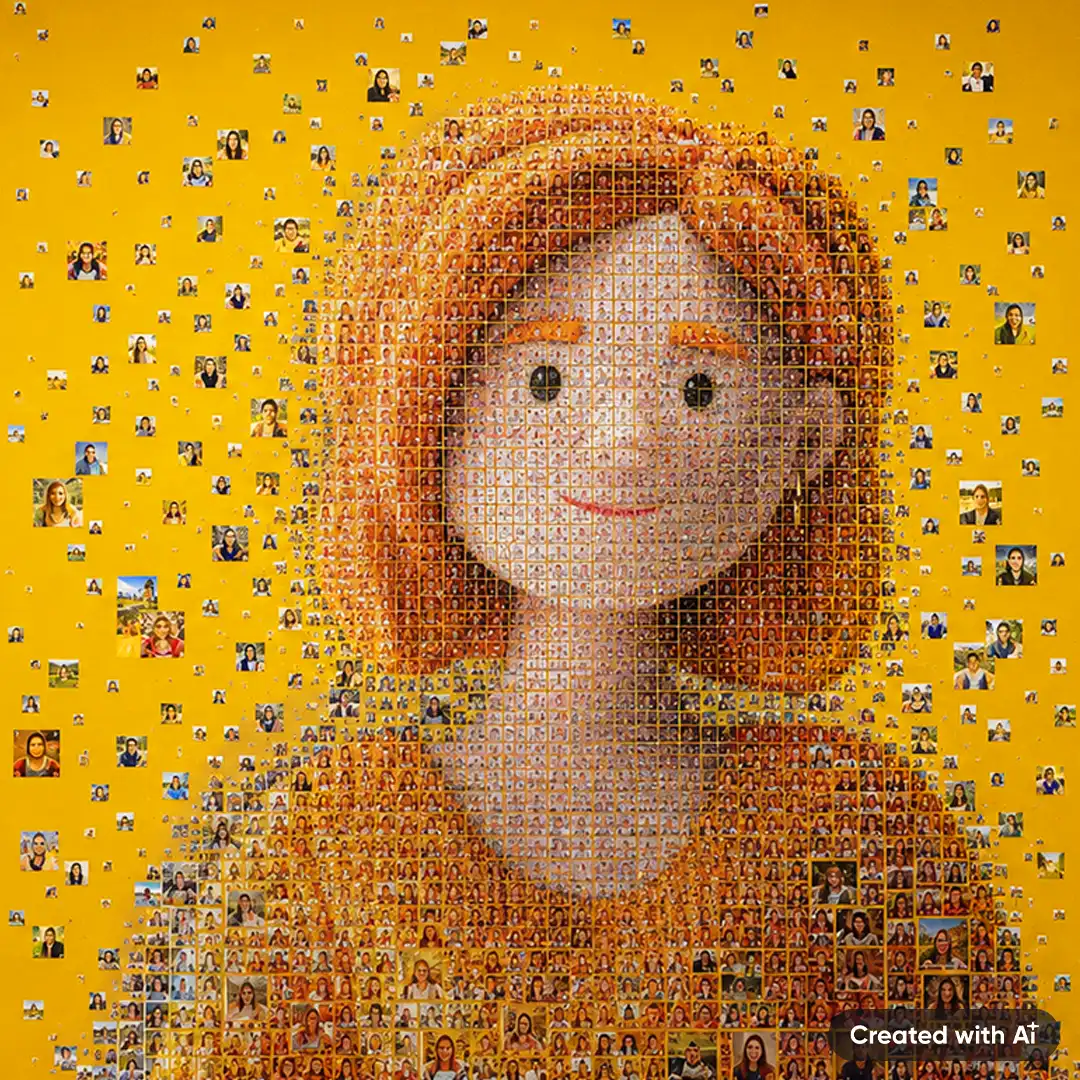 Against an orange background, thousands of small portrait photos form the face of a smiling woman – Lena, with more images floating around her. The mosaic visualizes a connected 360-degree customer view, personalized customer experiences, and data-driven customer relationship management.