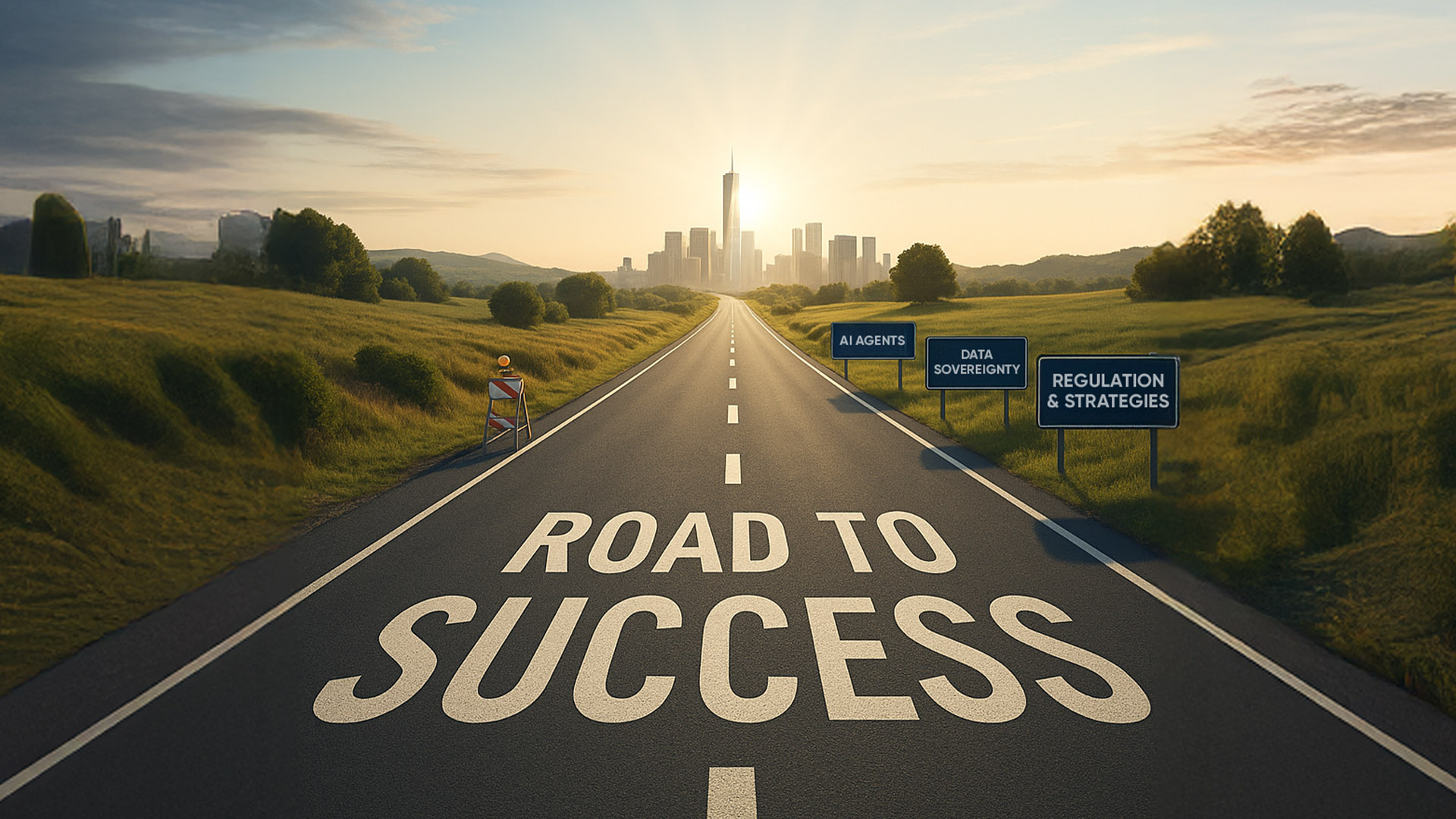 A road leading towards a large city. The inscription “Road to Success” can be seen on the road. At the side of the road are signs with the inscriptions “Regulation & Strategies”, “Data Sovereignty” and “AI Agents”.