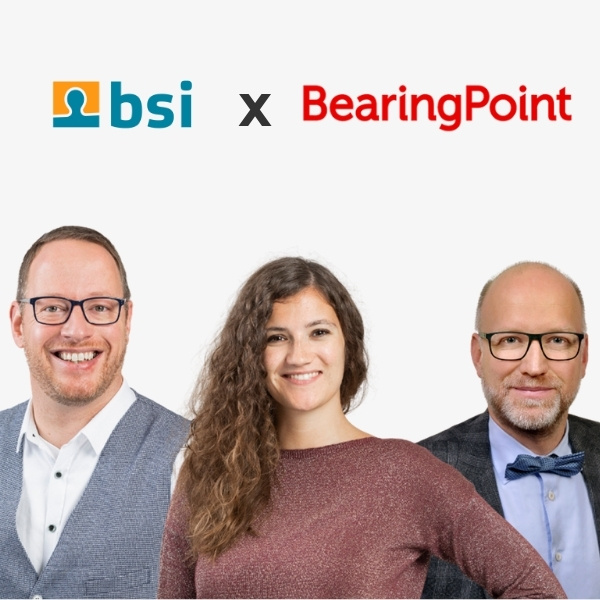 Portrait of Sebastian Louis and Verena Kuhr (BSI Software) together with Dr. Jens Hartmann (BearingPoint) beneath the BSI Software and BearingPoint logos – symbolic image for a joint webinar on modern customer management in the energy and utilities sector