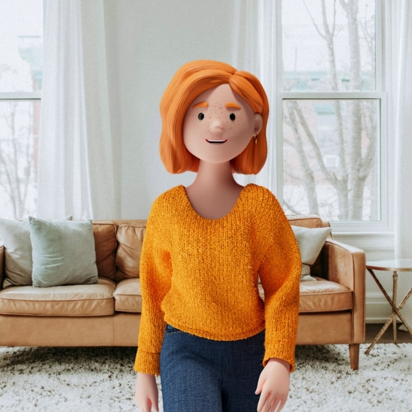 Lena Meier, eine treue Kundin, steht in einem hellen, modern eingerichteten Wohnzimmer mit beigen Möbeln und grossen Fenstern.