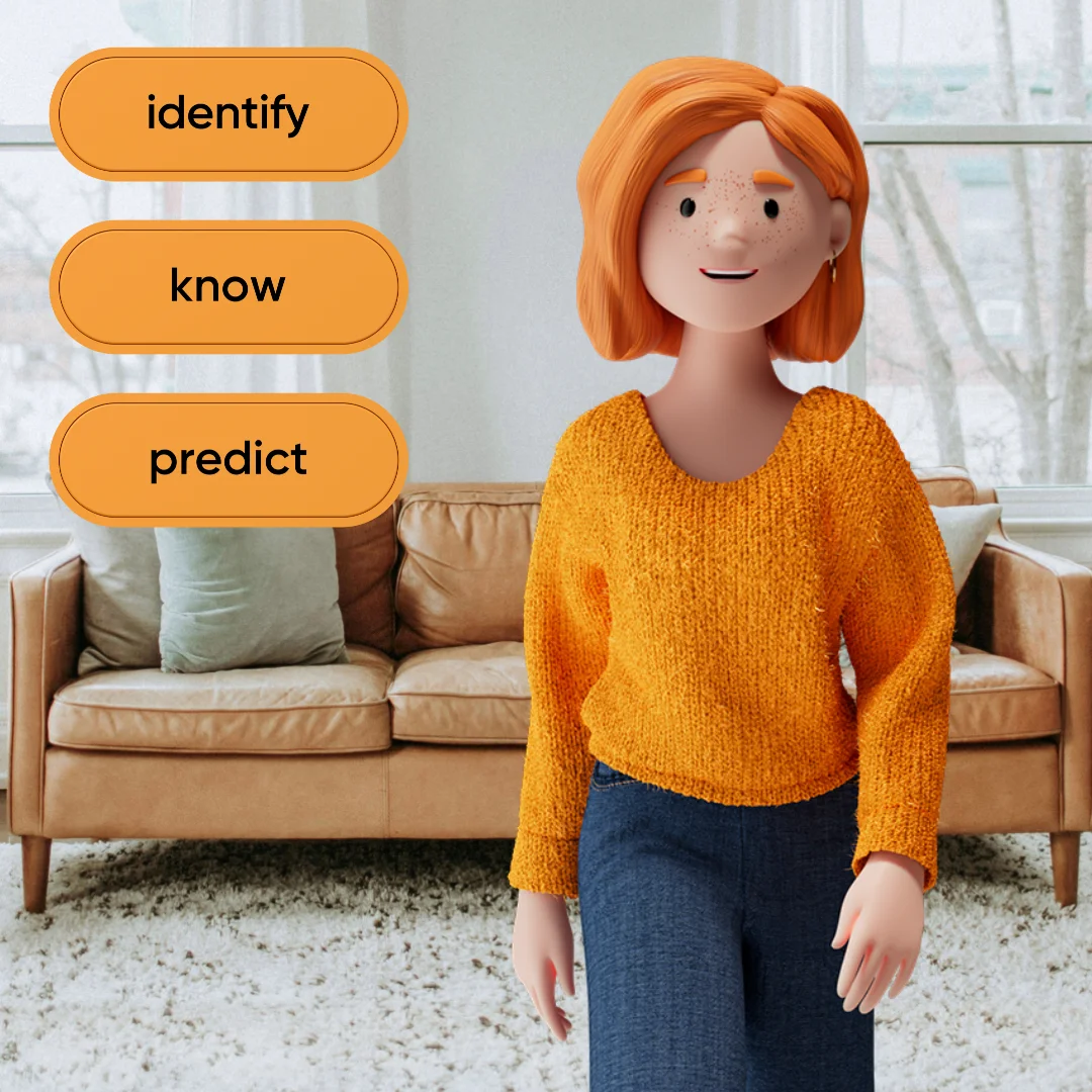 Loyal customer Lena Meier stands in a living room in front of a sofa. Three orange buttons beside her read “identify,” “know,” and “predict.” The illustration represents the customer value “Understand”: recognizing customers, understanding them, and anticipating their needs.