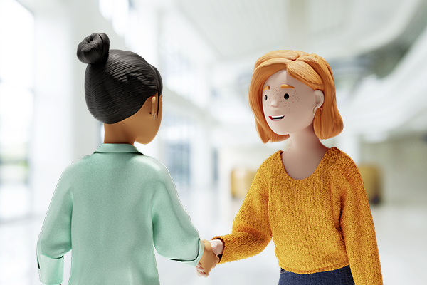 Lena and Vicky shake hands in a modern office environment, symbolizing trust and a successful customer relationship.