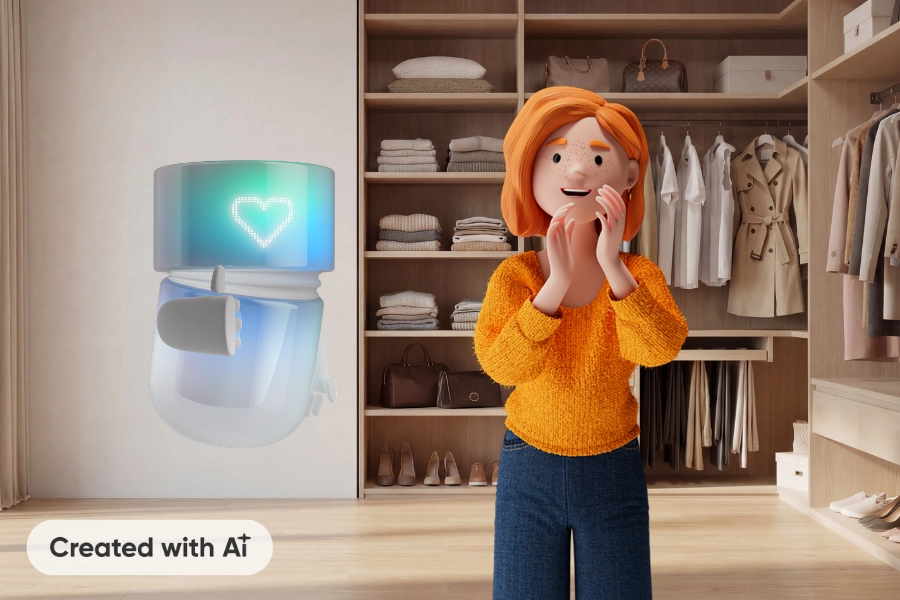 Lena Meier, treue Kundin, steht zufrieden in ihrem Ankleidezimmer, während ein Service Agent sie automatisch über den aktuellen Lieferstatus und den Versand ihrer Bestellung informiert und so ein nahtloses Omnichannel-Erlebnis ermöglicht.