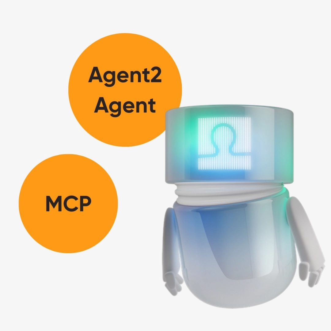 The blue-green glowing BSI Agent appears beside the terms “Agent2Agent” and “MCP.” It connects AI agents, applications, and data sources across system boundaries, enabling seamless information exchange and automated processes within the BSI Customer Suite.