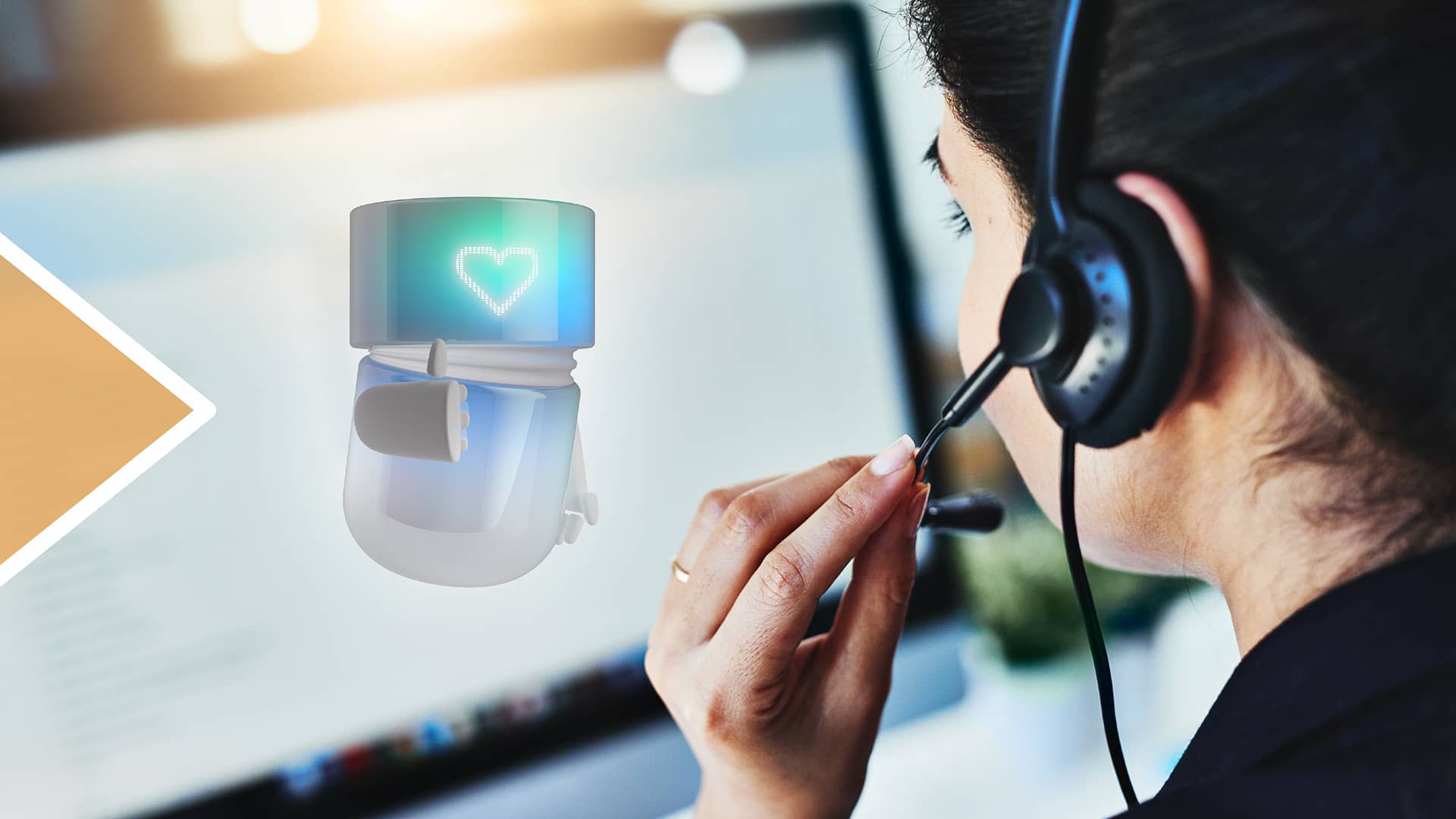 Customer service agent wearing a headset, speaking in front of a screen, with the turquoise BSI Companion next to her showing a glowing heart symbol.