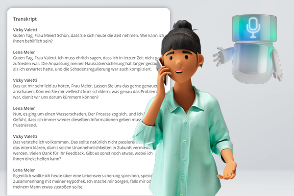 Vicky is on a customer call with Lena Meier while the Voice Agent transcribes the conversation – an example of AI-supported conversation analysis.
