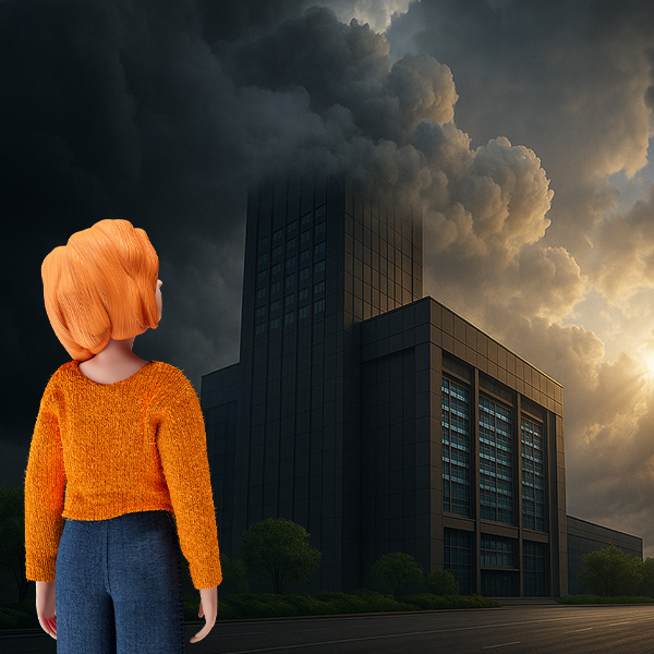 Stylized customer looking at a dark data center under dramatic skies – symbolic image representing common cloud myths.