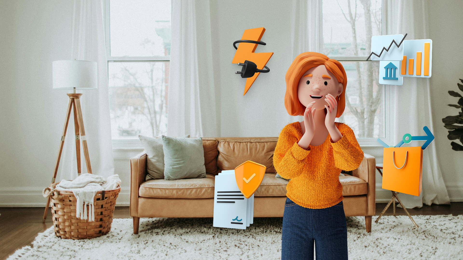 Illustration of a delighted customer in her living room, surrounded by symbols for energy, banking, insurance and retail - visual representation of digital services for banks, insurance companies, retailers and energy suppliers.