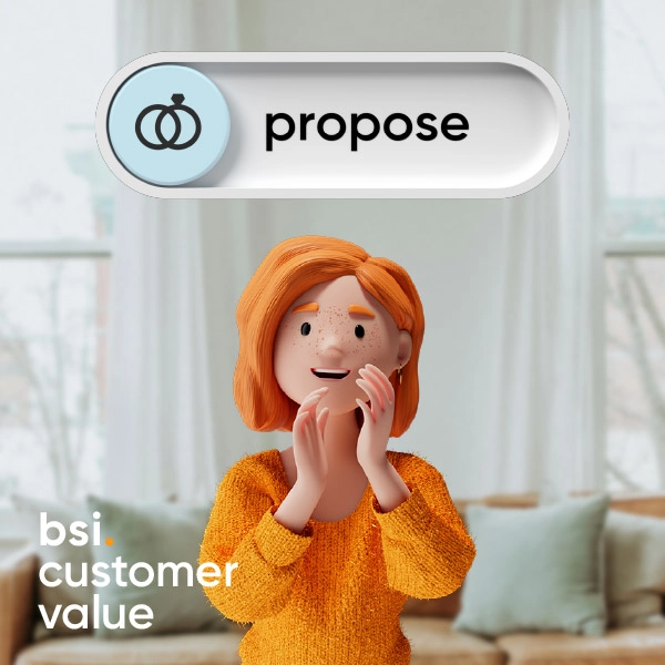 Lena Meier, a loyal customer, is delighted in a modern living room because she feels well supported thanks to the BSI Customer Value «Propose». The 3D character in an orange sweater represents personalized engagement and a positive customer experience in customer relationship management.