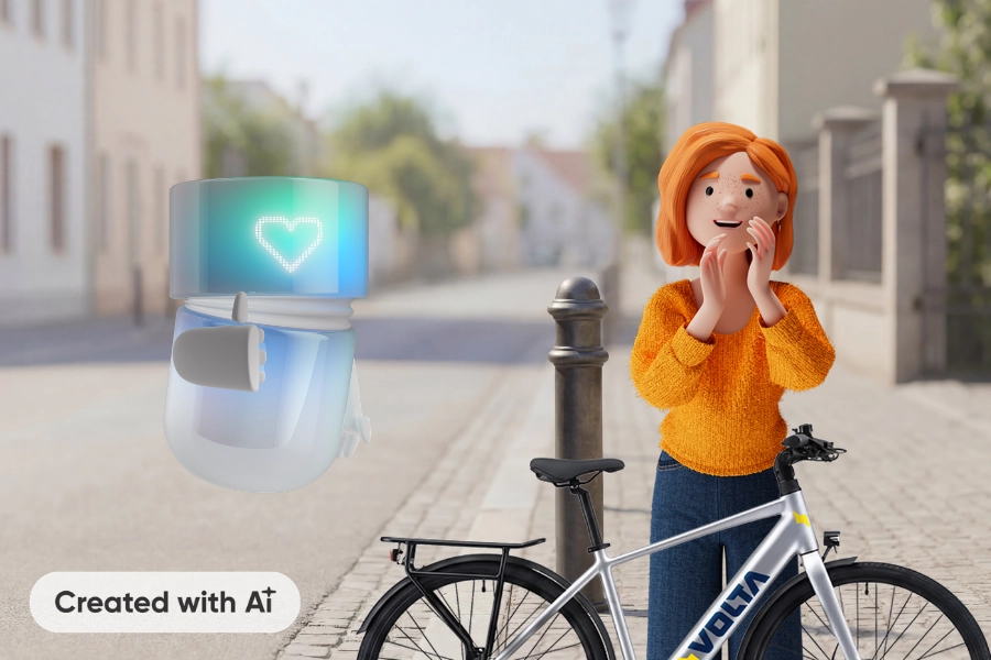 Lena Meier, treue Kundin, steht erleichtert neben ihrem Fahrrad nach dem Schadenfall, während ein Service Agent ihr die erfolgreiche Bearbeitung bestätigt und sie im Customer Relationship Management transparent über den Abschluss informiert. Created with AI