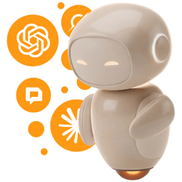 Clara, persönlicher AI-Assistent, ist als schlichte 3D-Figur dargestellt. Um sie herum sind Icons verschiedener AI-Assistenten-Anbieter angeordnet. Die Figur hat eine glatte, helle Oberfläche, ein reduziertes Gesicht und eine kompakte, runde Form, die eine digitale Assistenz symbolisch visualisiert.