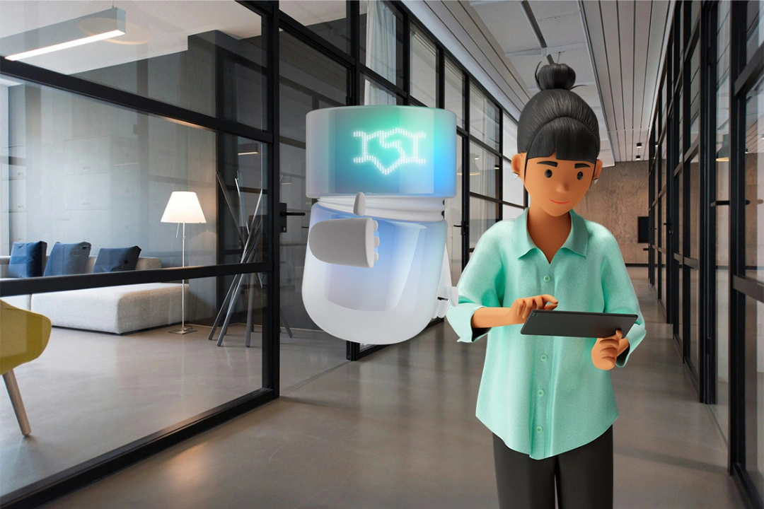 Vicky Valetti, sales manager and customer advisor, uses a tablet in a modern office. Beside her, the teal Sales Agent hovers, displays a partnership icon, and gives a thumbs-up. The 3D scene represents digital customer service and efficient customer relationship management with the BSI Customer Suite.