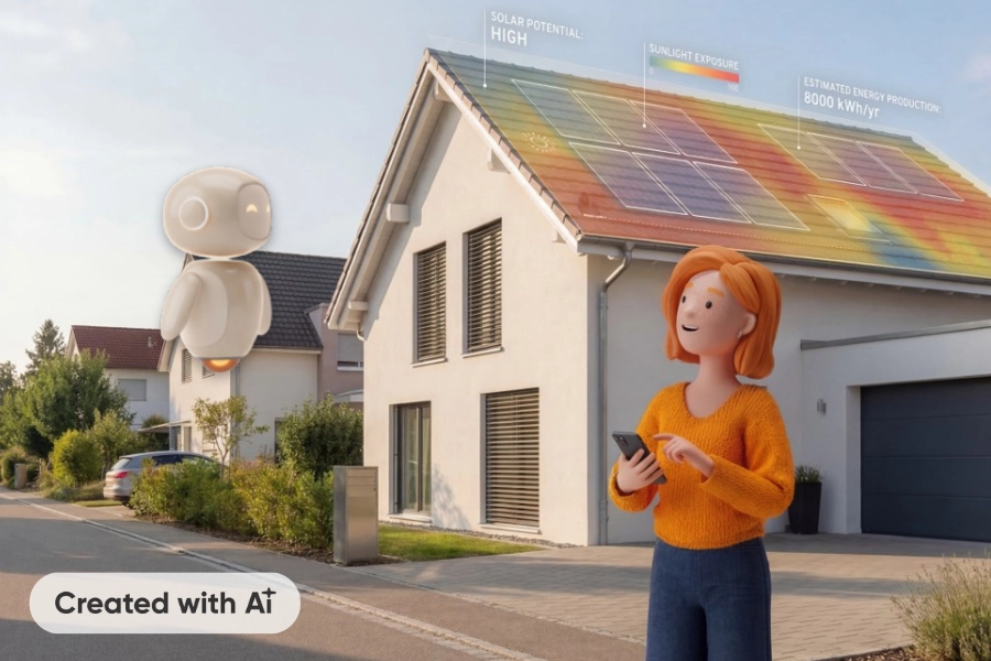 Lena Meier, treue Kundin, steht vor ihrem Haus und prüft per Smartphone das Solarpotenzial ihres Dachs, während ihre AI-Assistentin Clara neben ihr schwebt. Created with AI