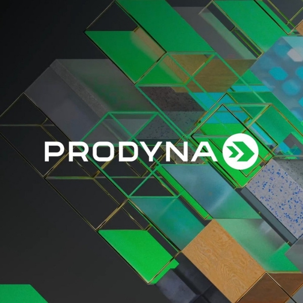 Graphic with the PRODYNA logo – a BSI Software partner – in front of a background of green geometric shapes and materials.