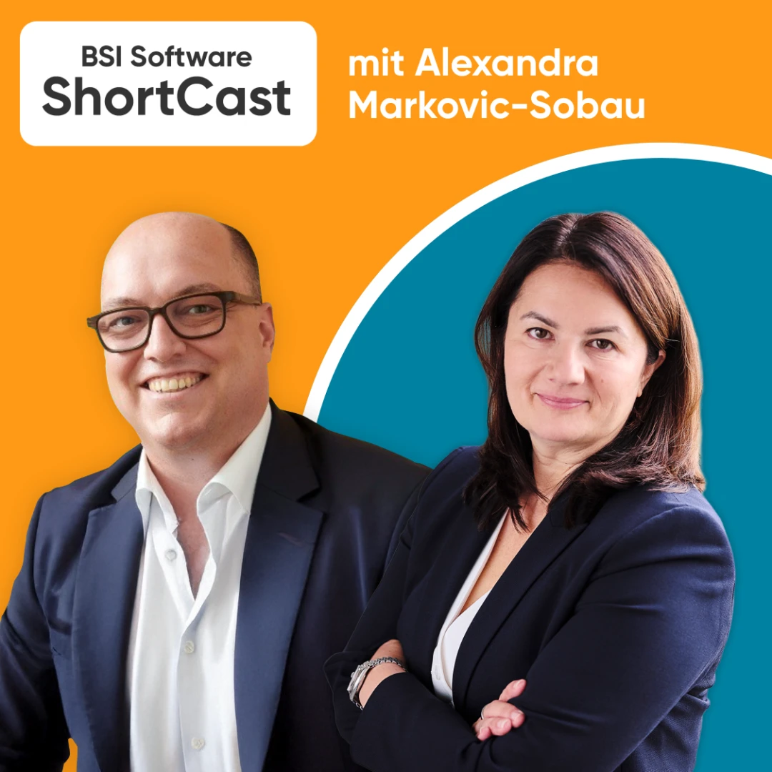 Podcast-Cover zur BSI Software ShortCast-Folge «AI im Versicherungsvertrieb» mit Alexandra Markovic-Sobau von Signal Iduna und Sebastian Pitzler. Zwei Porträts vor orange-blauem Hintergrund mit BSI Software ShortCast-Branding.