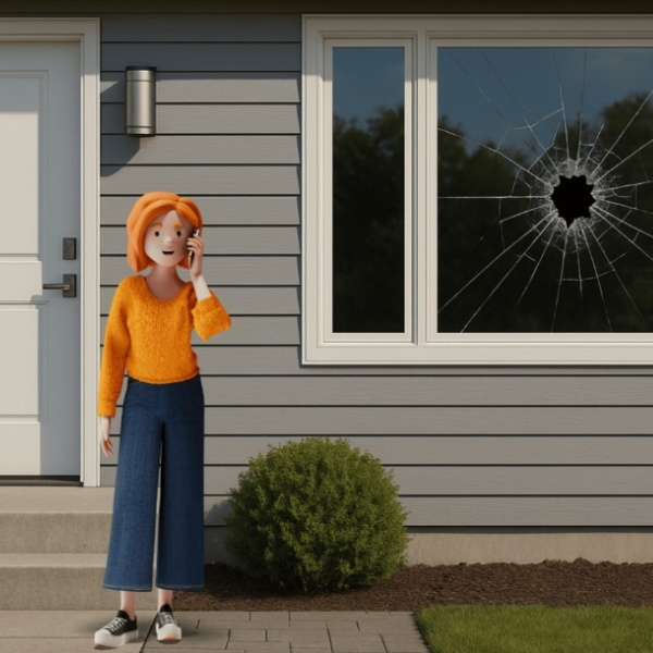 3D character Lena Meier, loyal customer, standing in front of her house with a shattered window, reporting the damage by phone – symbolic image for efficient case management, omnichannel communication, and customer relationship management with the BSI Customer Suite in the insurance context.