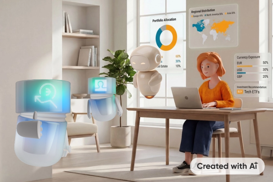 Lena Meier, treue Kundin, arbeitet in einem hellen Homeoffice an ihrem Laptop, während ihre AI-Assistentin Clara neben ihr schwebt und über den BSI Agent mit dem Investment Agent ihrer Bank vernetzt ist, um aktuelle Portfolio-Daten, Analysen und Empfehlungen für fundierte Entscheidungen bereitzustellen. Created with AI