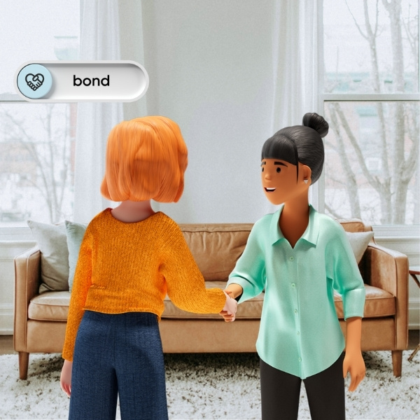 Lena Meier, die treue Kundin, und Vicky Valetti, Sales Managerin und Kundenberaterin, geben sich in einem Wohnzimmer die Hand – mit dem Fokus auf den Wert «bond» aus dem BSI Customer Value.