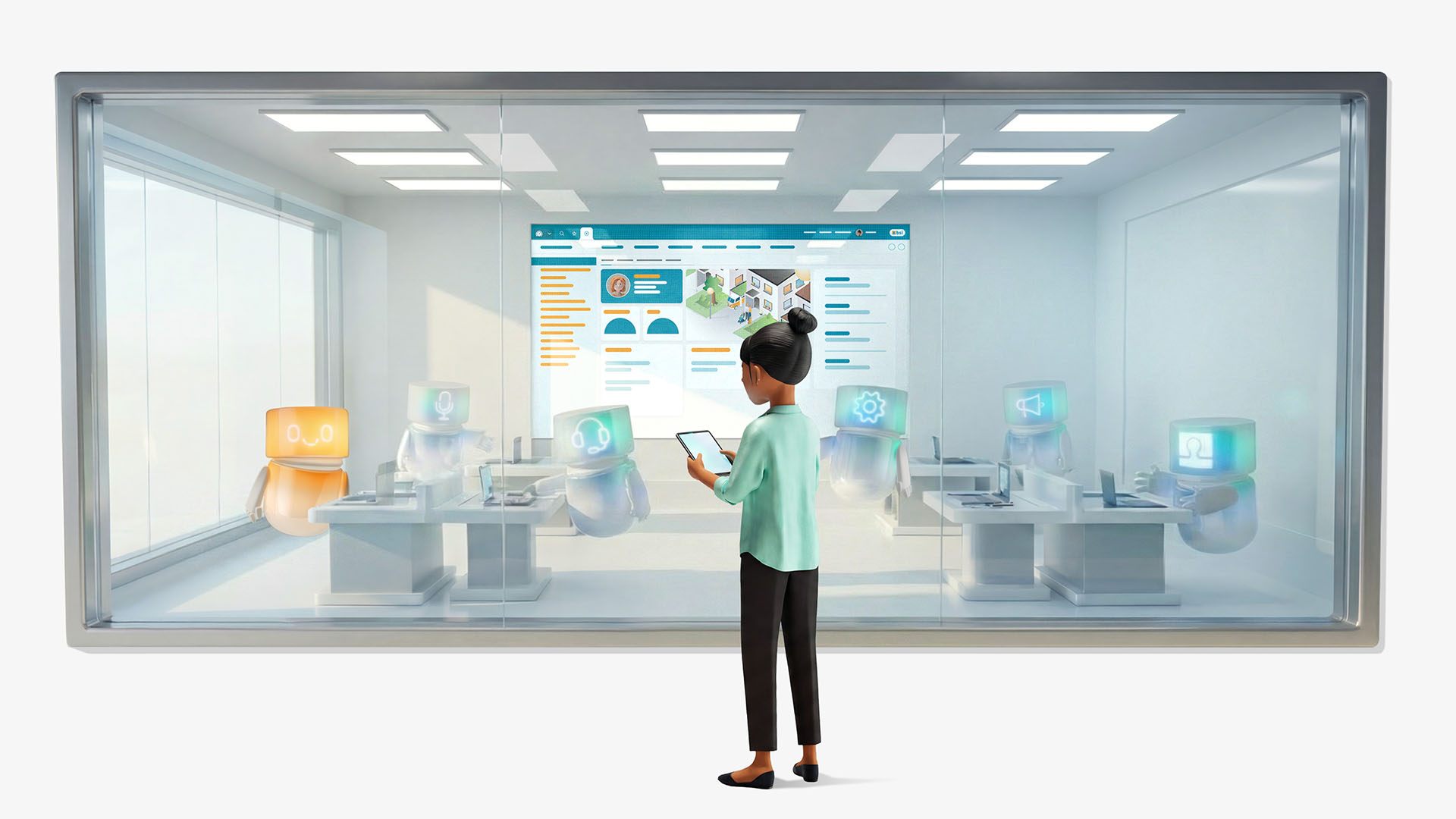 Vicky Valetti, Sales Manager et conseillère clientèle, se tient devant un écran vitré affichant la BSI Customer Suite et analyse la vue générative à 360° d’une cliente. Soutenue par des agents IA, elle pilote les touchpoints et les processus pour un Customer Relationship Management performant dans un environnement de travail numérique moderne.