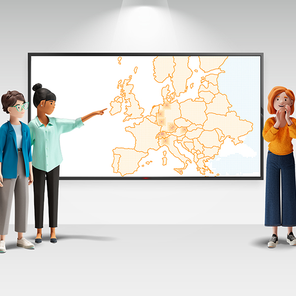 Three animated characters in front of a lit-up map of Europe – one character pointing at the DACH region. Visual highlights the European origin of BSI Customer Suite, the only fully integrated CRM and CX platform with embedded AI, top-level data privacy, and digital sovereignty.