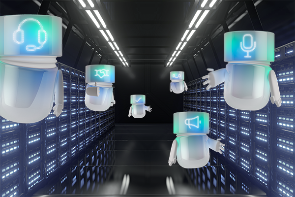 Mehrere leuchtende AI Agents schweben in einem futuristischen Serverraum und symbolisieren intelligente, vernetzte Systeme.