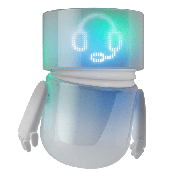 Weiss-blaugrüner 3D BSI Service Agent mit leuchtendem Headset-Symbol im transparenten Display. Die freundliche digitale Figur steht für automatisierten Customer Service, Support und persönliche Kundenbetreuung mit BSI.