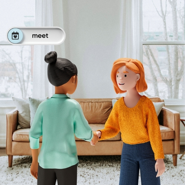 Lena Meier, die treue Kundin, und Vicky Valetti, Sales Managerin und Kundenberaterin, begrüssen sich mit einem Handschlag in einem Wohnzimmer – im Fokus steht der Wert «meet» aus dem BSI Customer Value.