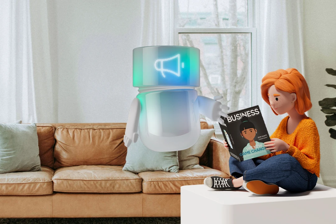 Lena Meier, a loyal customer, sits on a white table in a bright living room and reads a business magazine. Beside her, the teal BSI Companion, an AI assistant, hovers and points to the content with a megaphone icon—a 3D scene representing AI-powered customer communication and personalized customer experience.