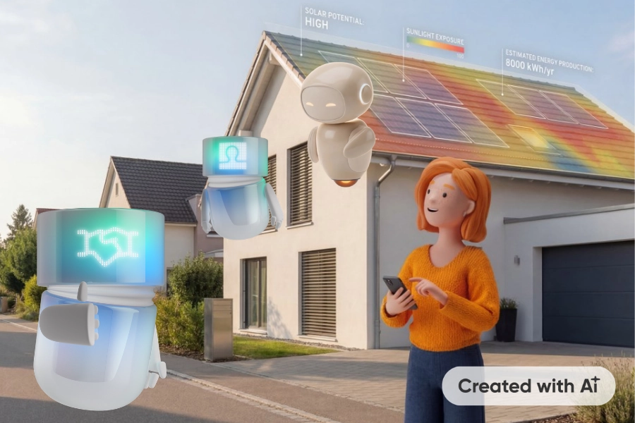 Lena Meier, treue Kundin, steht vor ihrem Haus und analysiert per Smartphone das Solarpotenzial ihres Dachs, während ihre AI-Assistentin Clara neben ihr schwebt und über den BSI Agent mit dem Solar Agent kommuniziert, um Energieertrag zu berechnen und passende Solarlösungen bereitzustellen. Created with AI