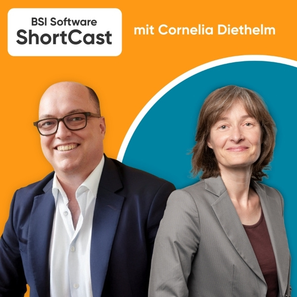 Key Visual des BSI Software ShortCast: Sebastian Pitzlar und Cornelia Diethelm vor dem BSI Software Logo. Sie sprechen über «AI Agents mit Haltung: Warum Ethik jetzt unverzichtbar wird» und beleuchten verantwortungsvolle AI, Governance und den Einsatz von AI Agents im Customer Relationship Management.