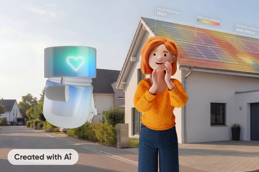 Lena Meier, treue Kundin, steht erfreut vor ihrem Haus mit Solaranlage, während ein Service Agent sie proaktiv über Status, Umsetzung und nächste Schritte ihrer Solarlösung informiert und so ein nahtloses Customer Experience Management ermöglicht. Created with AI