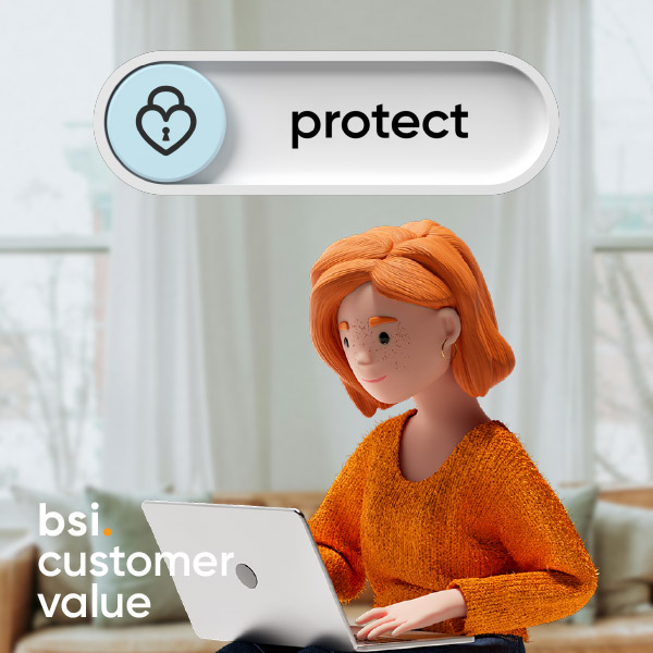 Illustration 3D d’une femme aux cheveux orange assise sur un canapé, travaillant sur un ordinateur portable dans un salon lumineux. À côté, un élément d’interface avec un symbole cœur-cadenas et le mot « protect ». Visualisation de BSI Customer Value et de la gestion de la relation client axée sur la protection des données clients.
