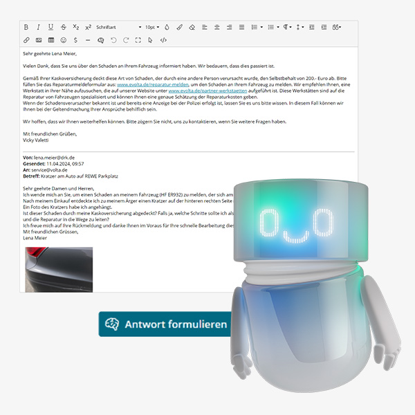 BSI Companion provides support in answering customer queries in the event of a claim - AI-generated response suggestion in the BSI Customer Suite service process.