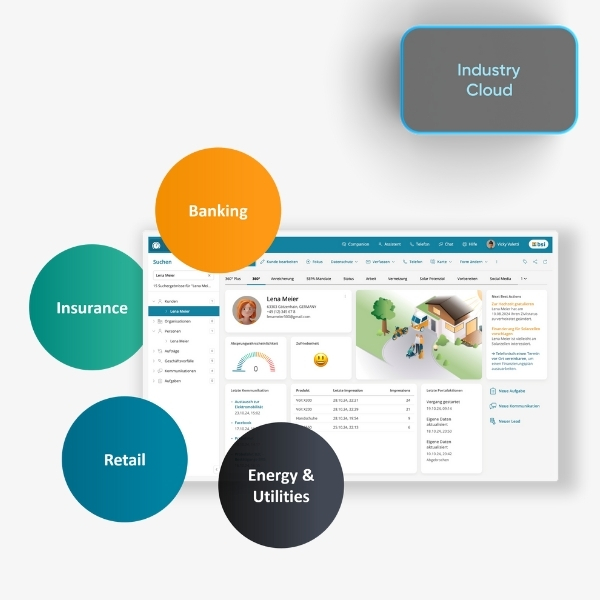 Capture d’écran de la BSI Customer Suite avec vue à 360° sur Lena Meier, cliente fidèle ; l’image illustre l’utilisation de la Industry Cloud dans des secteurs tels que Insurance, Banking, Retail et Energy & Utilities ; un bouton gris clair "Industry Cloud" est visible en haut à droite.