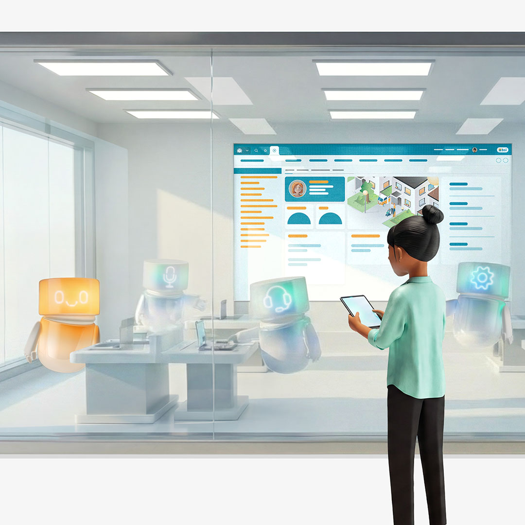 Vicky Valetti, Sales Managerin und Kundenberaterin, steht vor einer Glaswand mit Screen der BSI Customer Suite und analysiert die generative 360°-Sicht auf eine Kundin. Unterstützt von AI Agents steuert sie Touchpoints und Prozesse für effizientes Customer Relationship Management in einer modernen, digitalen Arbeitsumgebung.