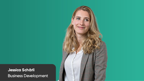 Portrait of Jessica Schärli on a green background. Jessica works in Business Development at BSI Software.